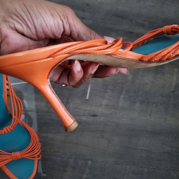 Oscar de la Renta Women's Heels US 6 EU 36 Orange Blue Leather Strappy Sandals - Picture 11 of 12